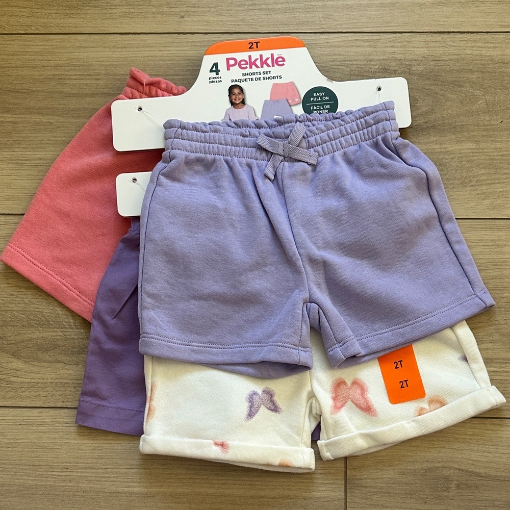 NWT Pekkle Kids' Easy Pull on 4-Piece Shorts Set - Purple, Pink, Cream Size 2T